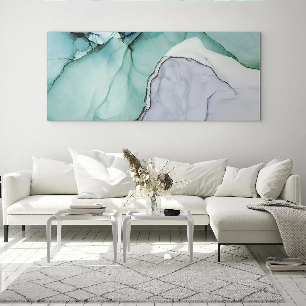 Quadro su vetro - Motivo astratto nei toni del turchese e del bianco - 160x50cm - Studio in turchese - Decorazione murale moderna per soggiorno e camera da letto ARTTOR