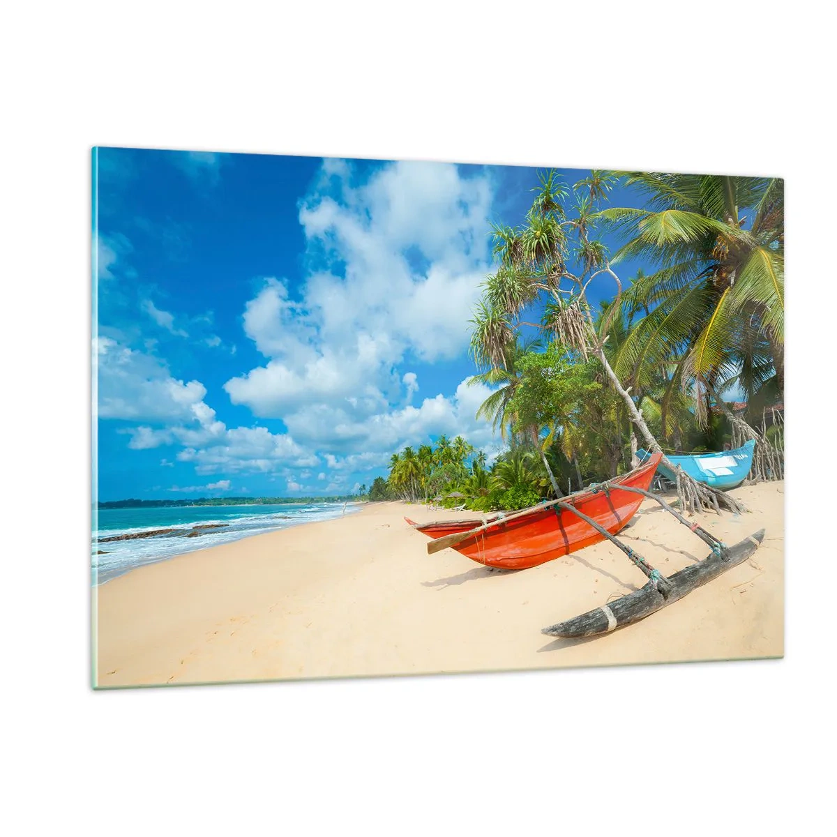 Quadro su vetro - Spiaggia tropicale con palme e barche tradizionali - 120x80cm - La bellezza dei tropici - Decorazione murale moderna per soggiorno e camera da letto ARTTOR