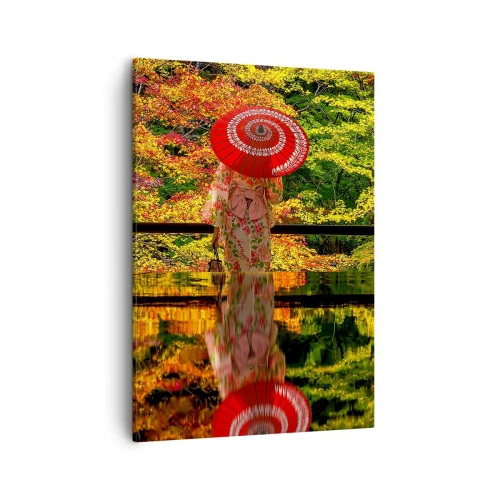Quadro su tela - Stampe su Tela - Una donna in kimono con un ombrello sullo sfondo di un paesaggio autunnale. - 50x70cm - Nel tempio della natura - Decorazione murale moderna per soggiorno e camera da letto ARTTOR