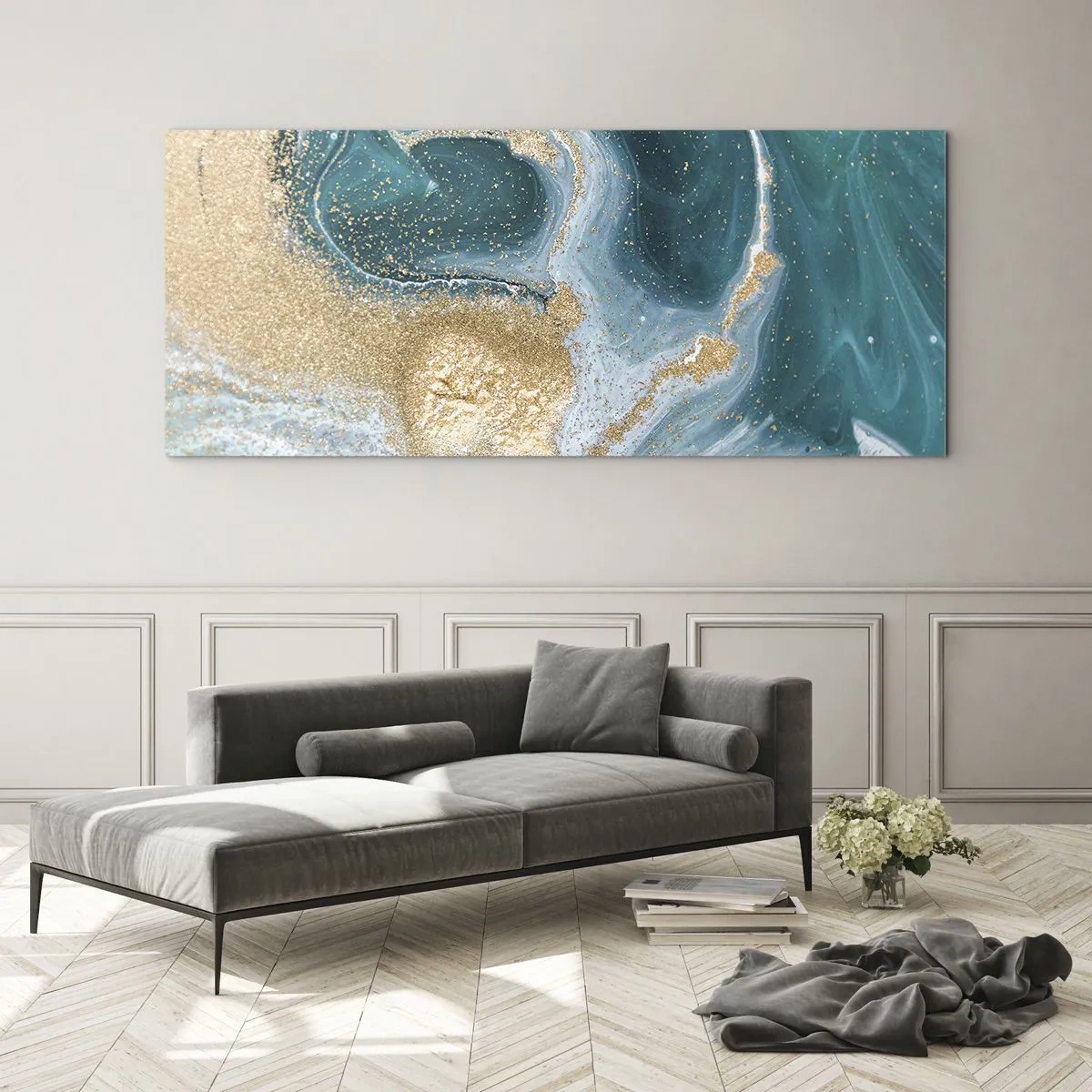 Quadro su vetro - Vortice di oro e turchese - 90x30 cm