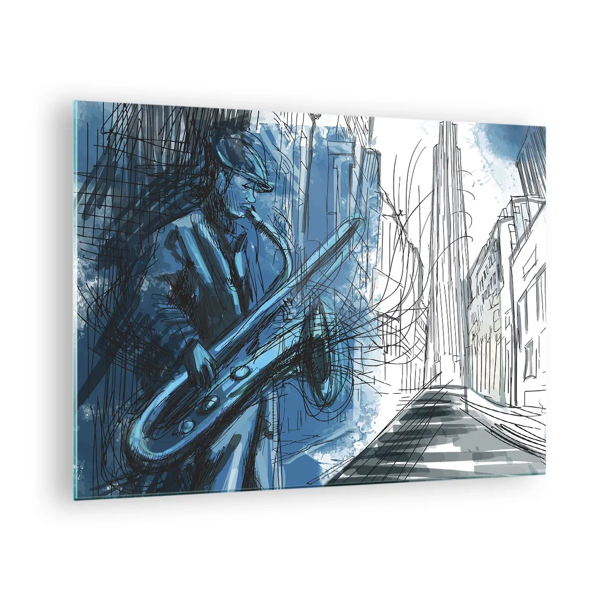 Quadro su vetro - Sassofonista jazz in un ambiente urbano dai toni blu - 70x50cm - Rapsodia urbana - Decorazione murale moderna per soggiorno e camera da letto ARTTOR