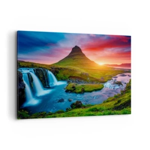 Quadro su tela - Stampe su Tela - Cascata pittoresca e montagna al tramonto - 120x80cm - Islanda: acqua e fuoco - Decorazione murale moderna per soggiorno e camera da letto ARTTOR