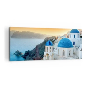 Quadro su tela - Stampe su Tela - Vista di Santorini con edifici bianchi e mare blu - 120x50cm - Santorini: aggrappate alle rocce - Decorazione murale moderna per soggiorno e camera da letto ARTTOR