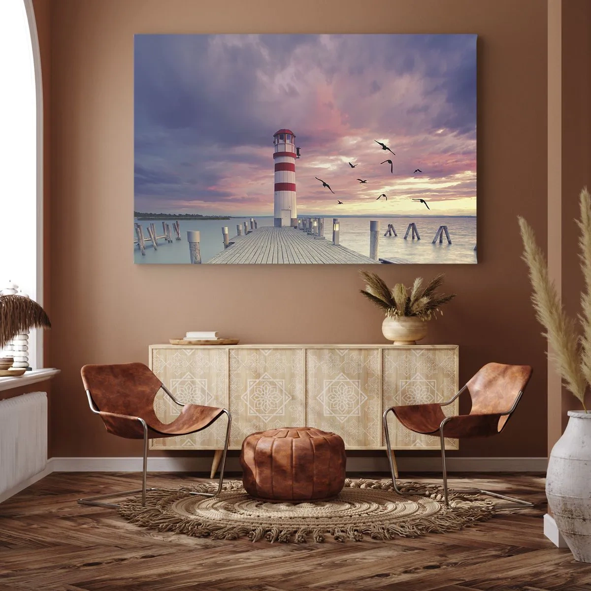 Quadro su tela - Stampe su Tela - Un faro sul molo circondato da un pittoresco tramonto - 120x80cm - Tempo di tornare in porto - Decorazione murale moderna per soggiorno e camera da letto ARTTOR