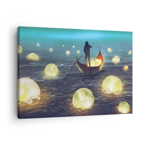 Quadro su tela - Stampe su Tela - Una figura in una barca circondata da sfere luminose sull'acqua - 70x50cm - Cose che neanche i filosofi hanno sognato - Decorazione murale moderna per soggiorno e camera da letto ARTTOR