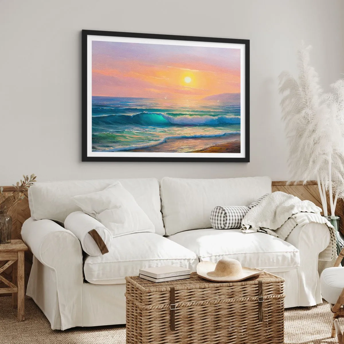 Poster in cornice nera - Paesaggio marino con tramonto - 100x70cm - Il canto turchese delle onde - Decorazione murale moderna per soggiorno e camera da letto ARTTOR