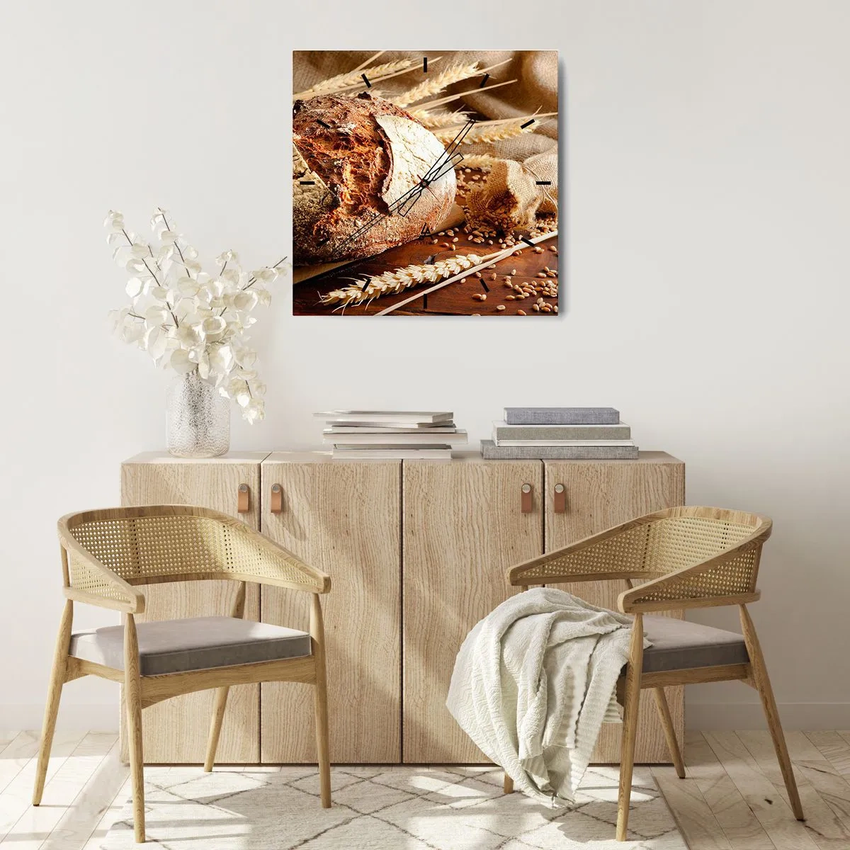 Orologio da parete - Orologio in Vetro - Pane croccante con cereali e spighe di grano su fondo in legno - 30x30cm - Appetitoso, profumato, croccante - Decorazione murale moderna per soggiorno e camera da letto ARTTOR