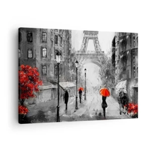 Quadro su tela - Stampe su Tela - Una strada con vista sulla Torre Eiffel e ombrelli rossi - 70x50cm - Tutte le strade portano da lei - Decorazione murale moderna per soggiorno e camera da letto ARTTOR