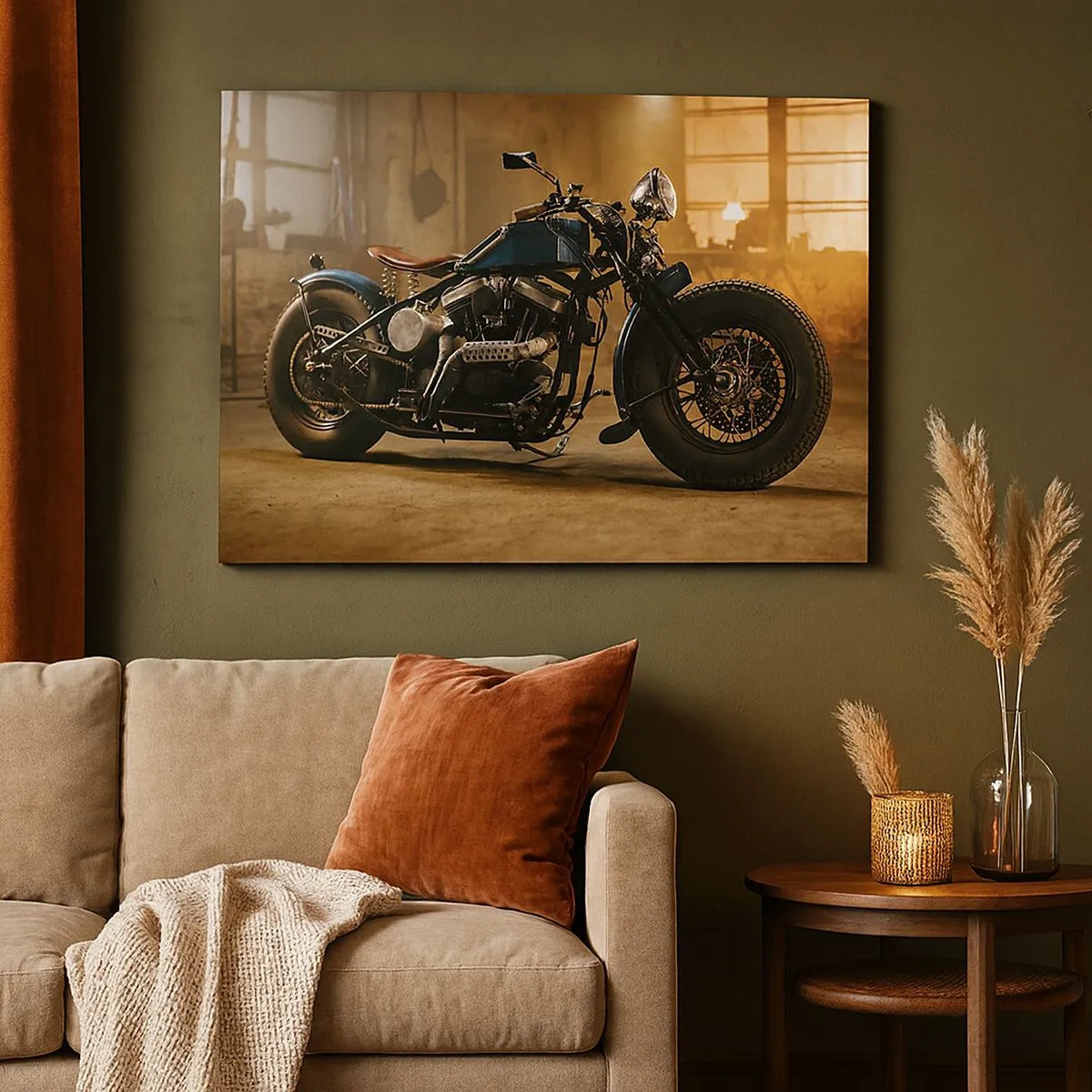 Quadro su tela - Stampe su Tela - Una motocicletta elegante in un interno industriale con luci calde - 70x50cm - Posso tutto - Decorazione murale moderna per soggiorno e camera da letto ARTTOR