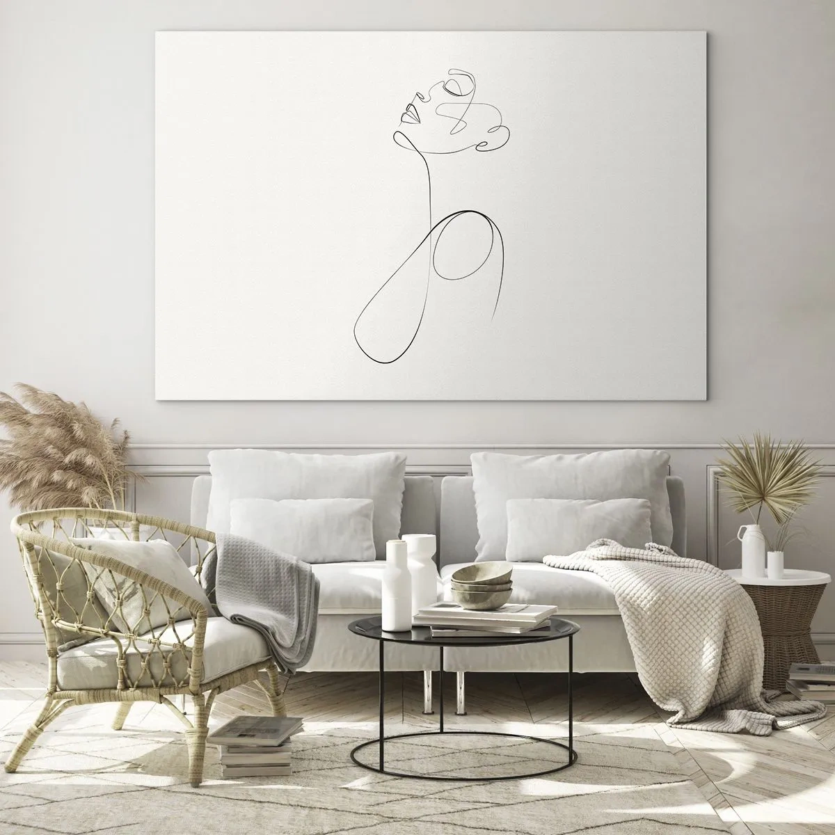 Quadro su vetro - Volto femminile e silhouette in stile line art su sfondo bianco - 70x50cm - Avvolta nei sogni - Decorazione murale moderna per soggiorno e camera da letto ARTTOR
