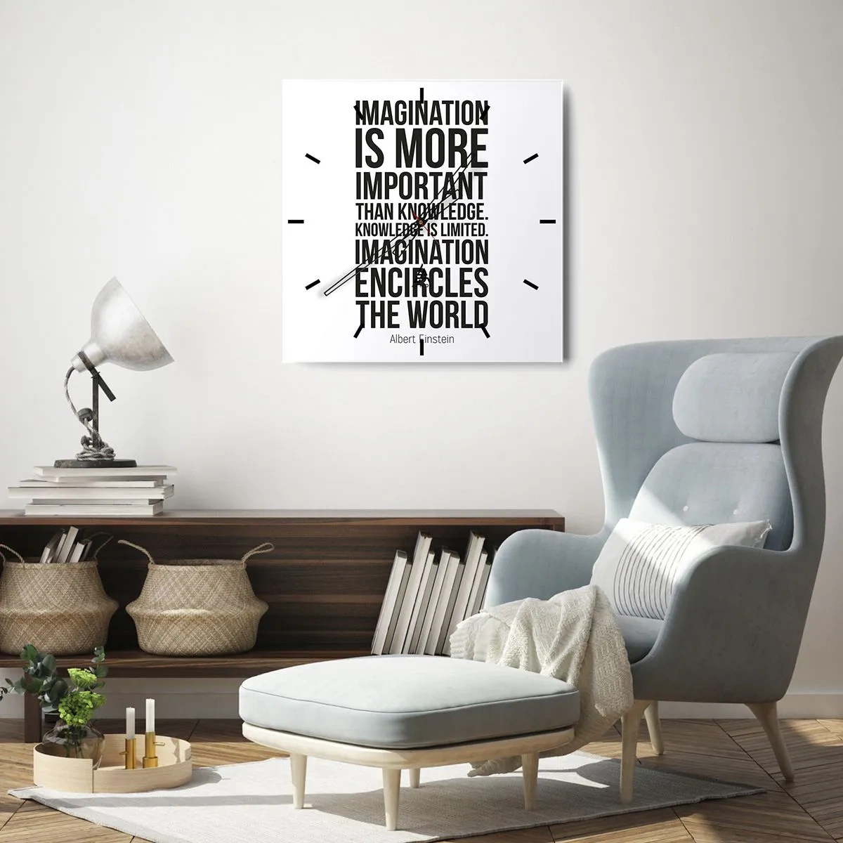 Orologio da parete - Orologio in Vetro - Citazione ispiratrice su sfondo bianco in carattere nero - 30x30cm - Einstein sul potere dell'immaginazione - Decorazione murale moderna per soggiorno e camera da letto ARTTOR