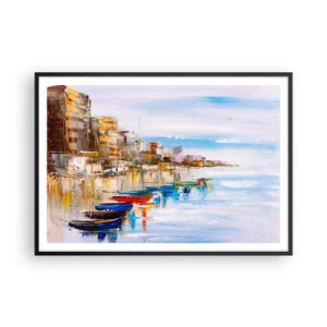 Poster in cornice nera - Barche colorate sulla riva con vista sullo skyline della città - 100x70cm - Molo cittadino multicolore - Decorazione murale moderna per soggiorno e camera da letto ARTTOR
