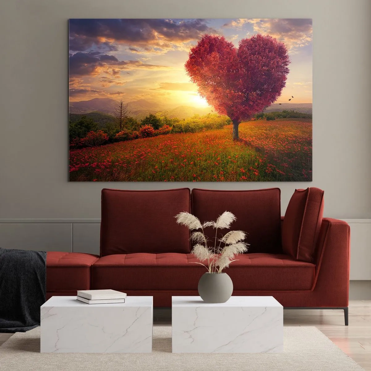 Quadro su vetro - Un albero a forma di cuore in un campo al tramonto - 120x80cm - Ti prende al cuore - Decorazione murale moderna per soggiorno e camera da letto ARTTOR