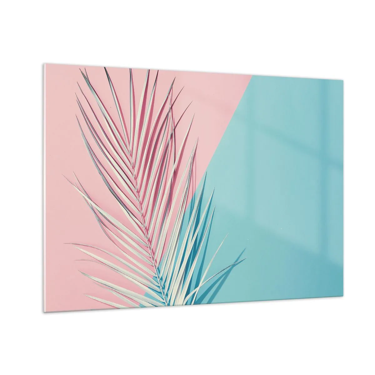 Quadro su vetro - Una foglia di palma su uno sfondo pastello in una composizione geometrica - 100x70cm - Impressione tropicale - Decorazione murale moderna per soggiorno e camera da letto ARTTOR