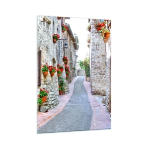Quadro su vetro - Una pittoresca strada con muri in pietra e fiori rossi - 50x70cm - Atmosfera italiana - Decorazione murale moderna per soggiorno e camera da letto ARTTOR