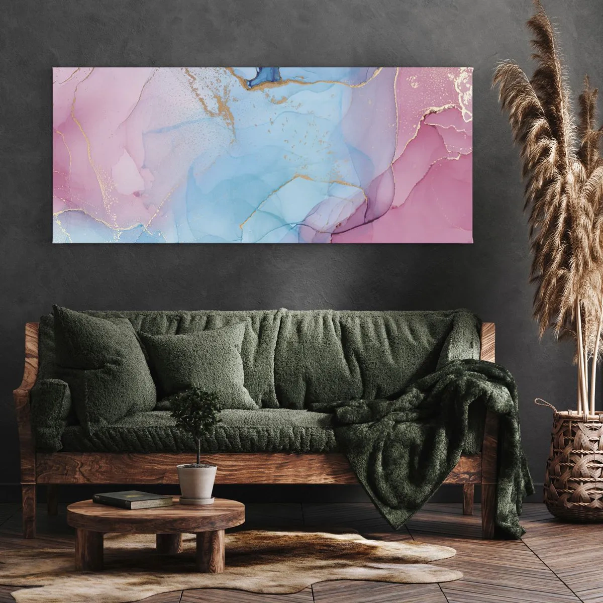 Quadro su tela - Stampe su Tela - Motivi pastello astratti con accenti dorati - 160x50cm - Incontro e compenetrazione - Decorazione murale moderna per soggiorno e camera da letto ARTTOR