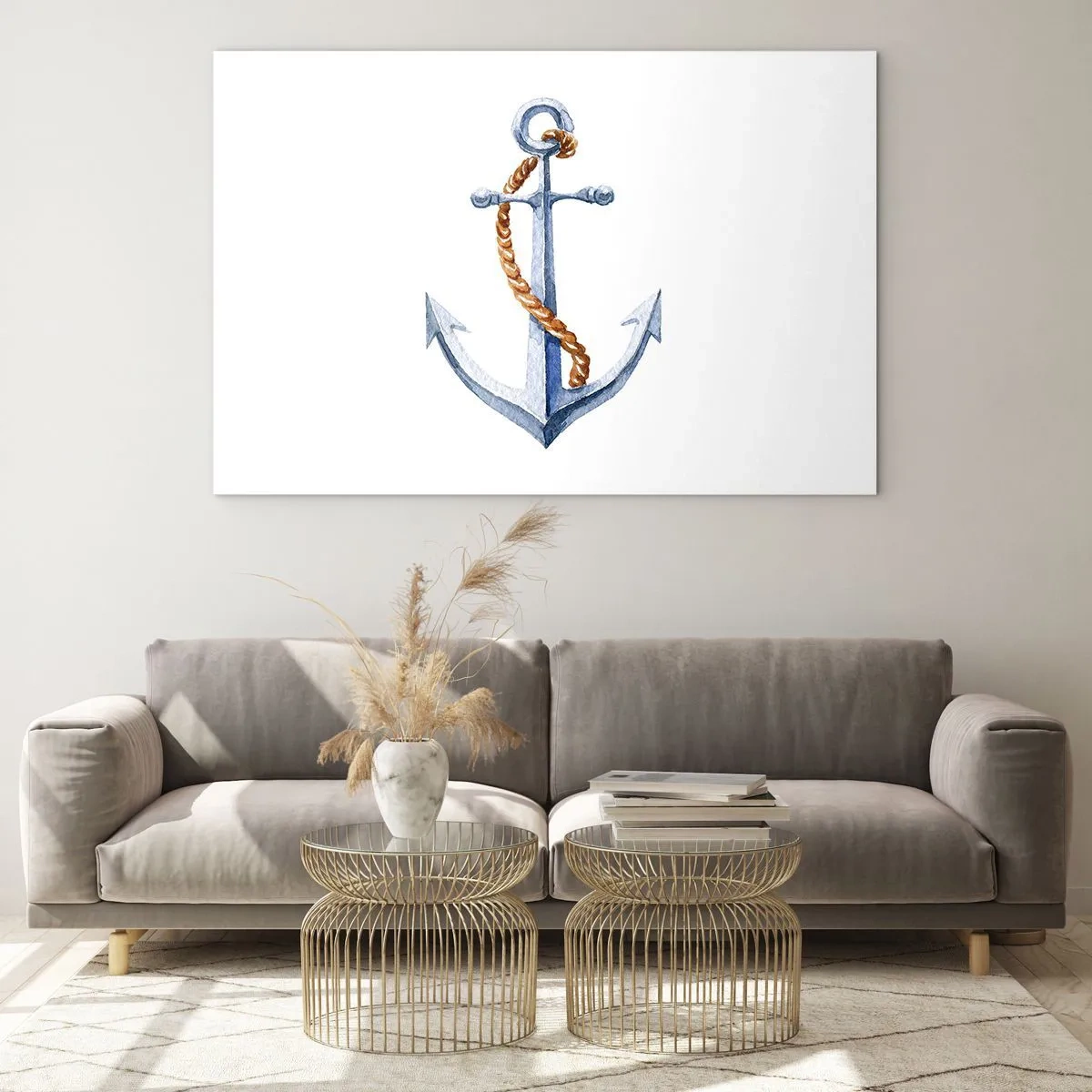 Quadro su vetro - Ancora con corda in stile nautico - 70x50cm - Benvenuta avventura! - Decorazione murale moderna per soggiorno e camera da letto ARTTOR