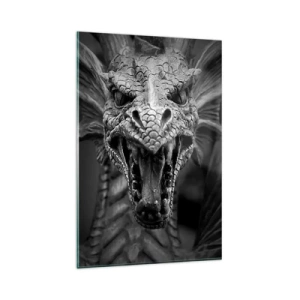 Quadro su vetro - Una minacciosa testa di drago in bianco e nero con dettagli espressivi. - 80x120cm - Drago favoloso in grigio - Decorazione murale moderna per soggiorno e camera da letto ARTTOR