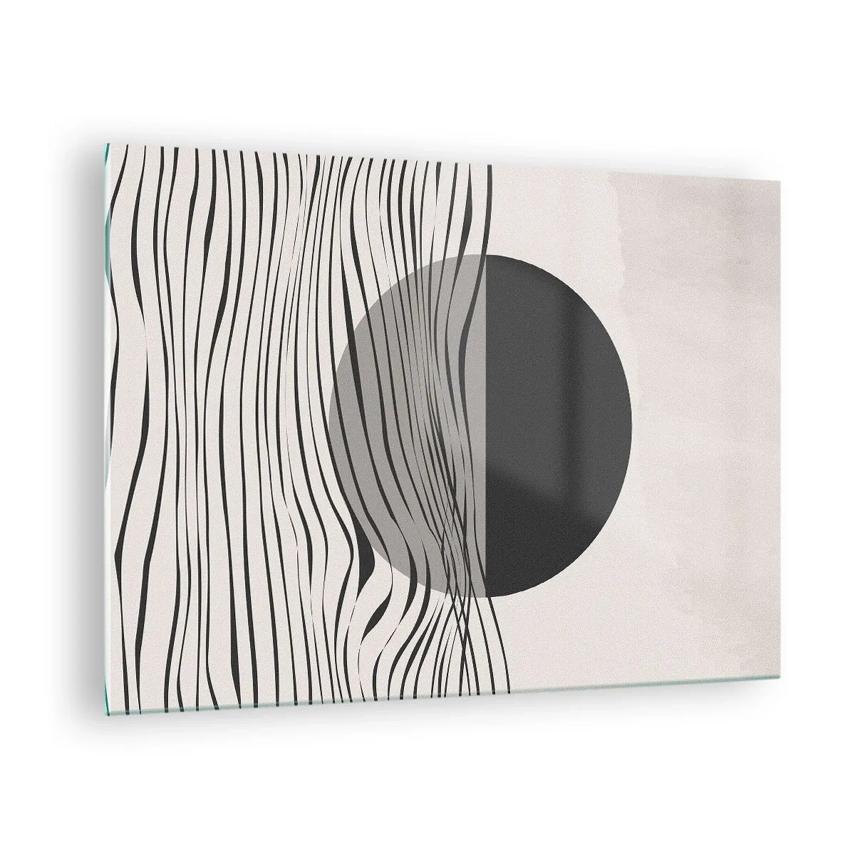 Quadro su vetro - Onde nere e un cerchio su uno sfondo beige - 70x50cm - Composizione a metà - Decorazione murale moderna per soggiorno e camera da letto ARTTOR