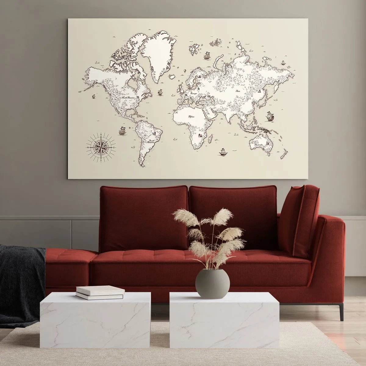 Quadro su vetro - Una mappa del mondo stilizzata in una versione classica - 100x70cm - Il viaggio attorno al mondo - Decorazione murale moderna per soggiorno e camera da letto ARTTOR