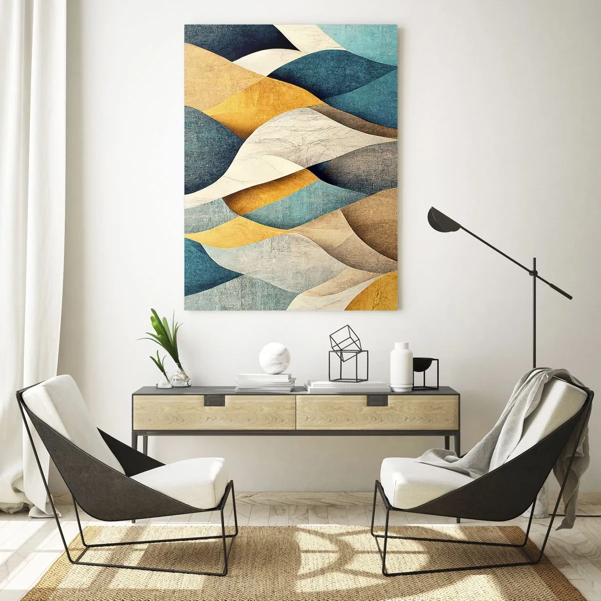 Quadro su vetro - Forme astratte nelle tonalità del giallo e del blu - 50x70cm - Ritmo e ondulazioni - Decorazione murale moderna per soggiorno e camera da letto ARTTOR