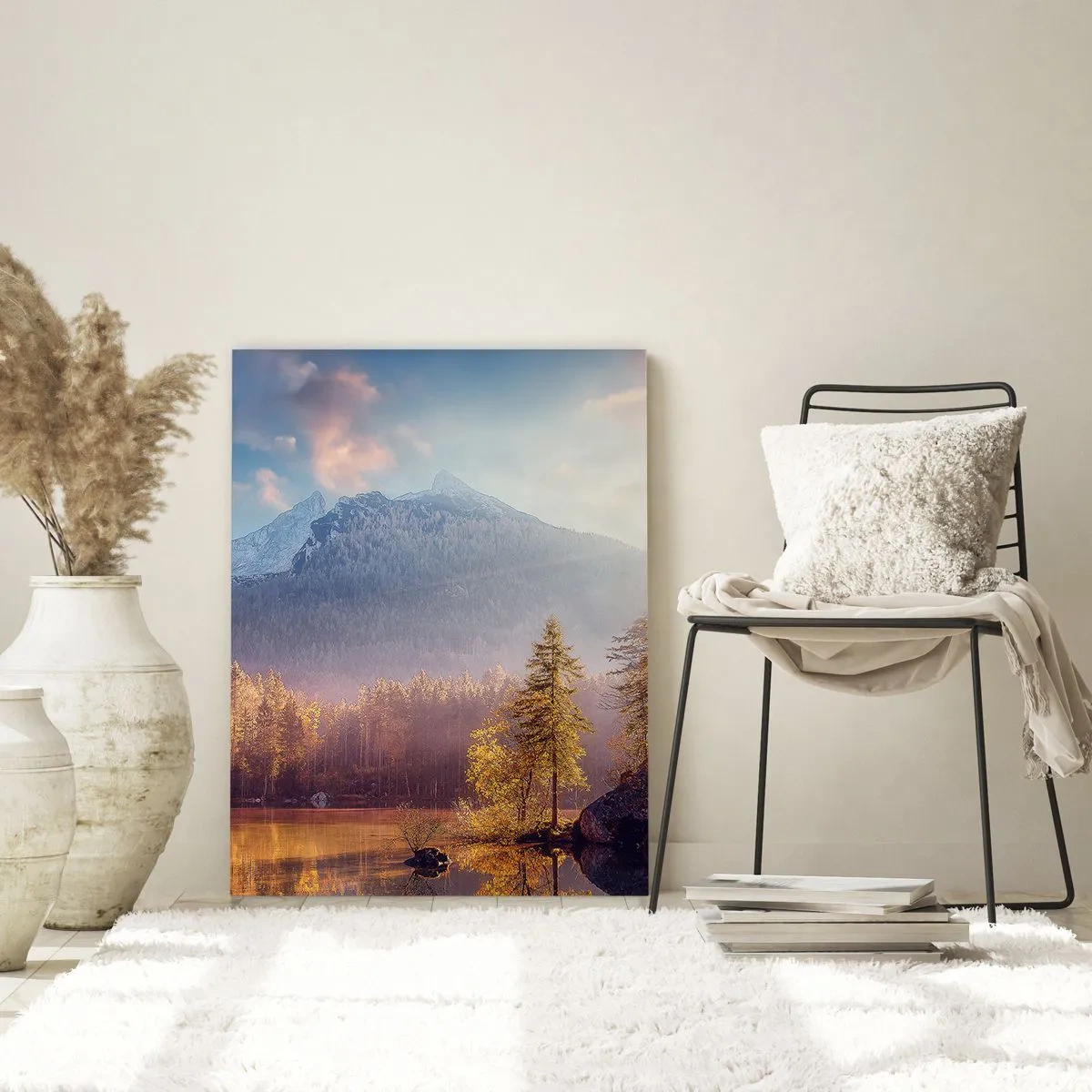 Quadro su vetro - Vista pittoresca della foresta di montagna e del lago all'alba - 80x120cm - Sui monti e nelle valli - Decorazione murale moderna per soggiorno e camera da letto ARTTOR