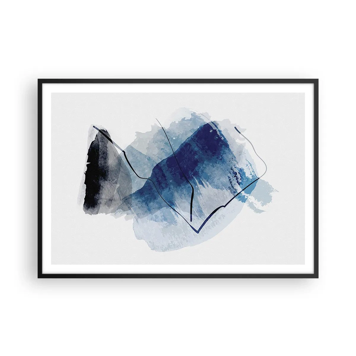 Poster in cornice nera - Forme astratte nei toni del blu con linee delicate - 100x70cm - Monte di ghiaccio - Decorazione murale moderna per soggiorno e camera da letto ARTTOR