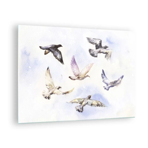 Quadro su vetro - Uccelli in volo contro un cielo limpido - 70x50cm - Libertà in grigio e blu - Decorazione murale moderna per soggiorno e camera da letto ARTTOR