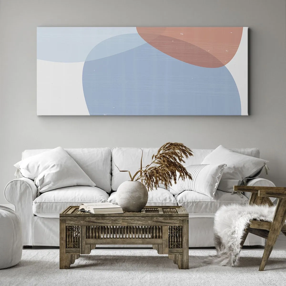 Quadro su tela - Stampe su Tela - Una composizione astratta nei toni pastello del blu e del rosa con forme organiche. - 160x50cm - Legami pastello - Decorazione murale moderna per soggiorno e camera da letto ARTTOR