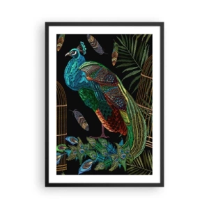 Poster in cornice nera - Un pavone colorato su uno sfondo di gabbie dorate e foglie verdi. - 50x70cm - Con gli abiti reali - Decorazione murale moderna per soggiorno e camera da letto ARTTOR