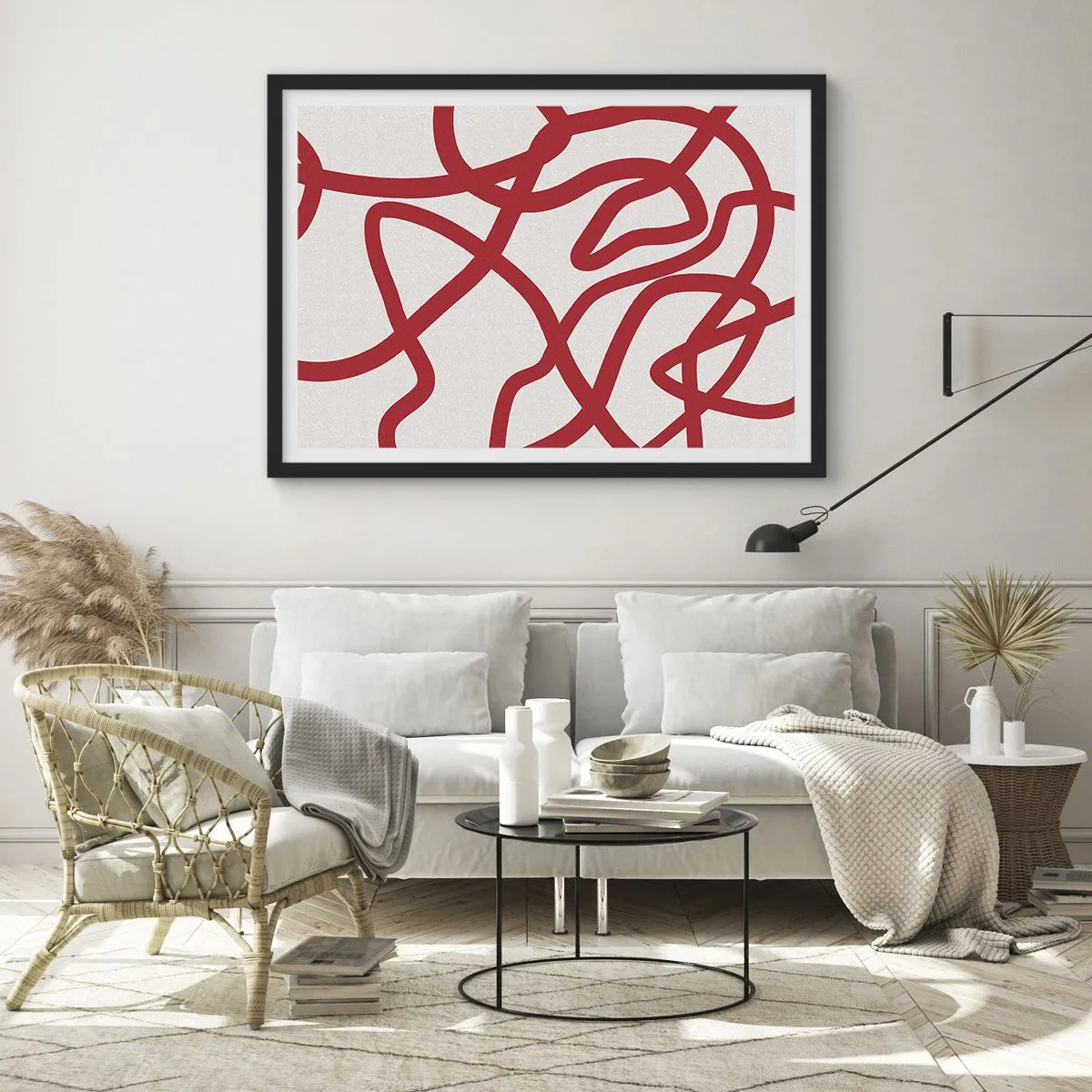 Poster in cornice nera - Linee astratte rosse su sfondo bianco - 70x50cm - Rosso su bianco - Decorazione murale moderna per soggiorno e camera da letto ARTTOR