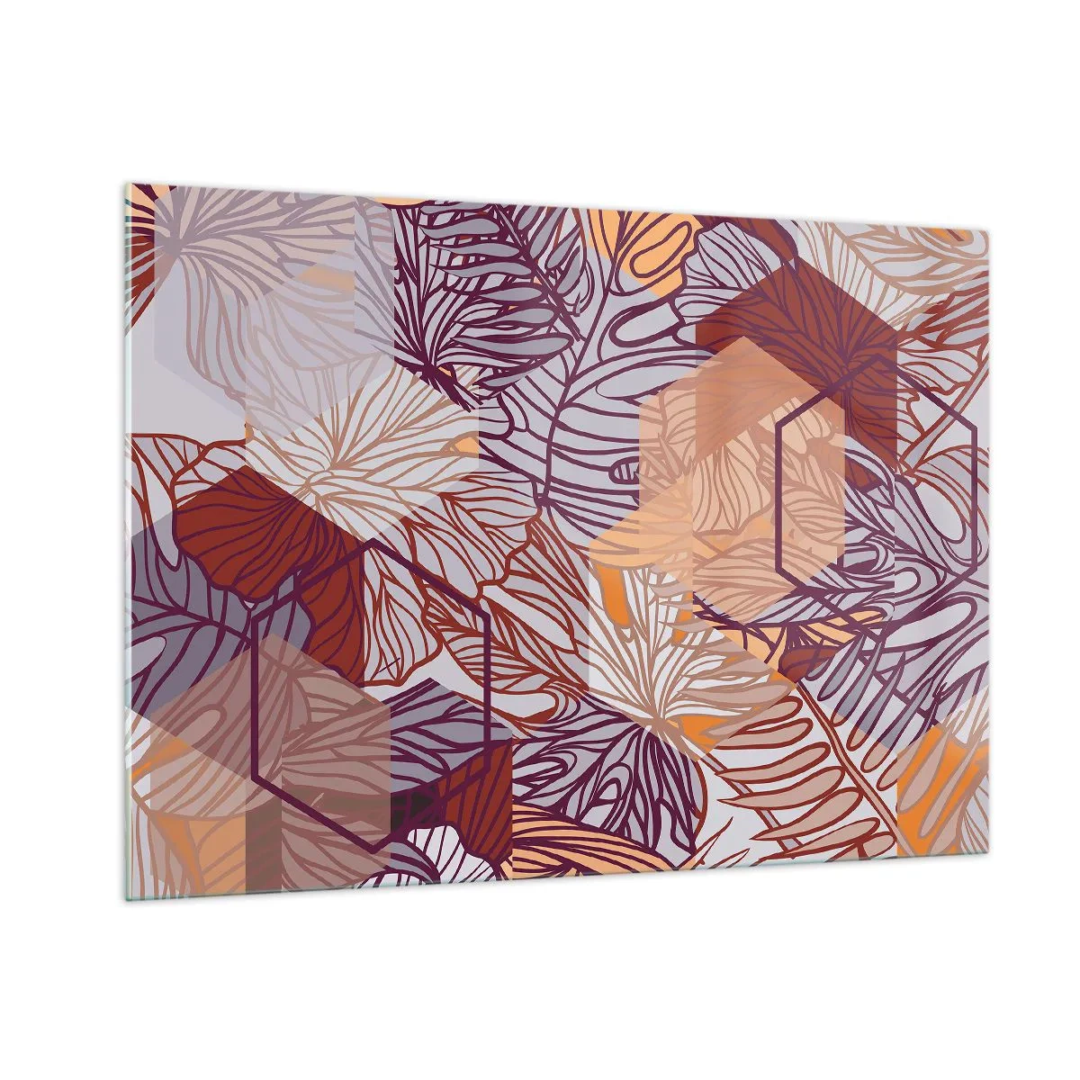 Quadro su vetro - Foglie grafiche su uno sfondo di forme geometriche - 100x70cm - Legame impossibile di geometria e natura - Decorazione murale moderna per soggiorno e camera da letto ARTTOR