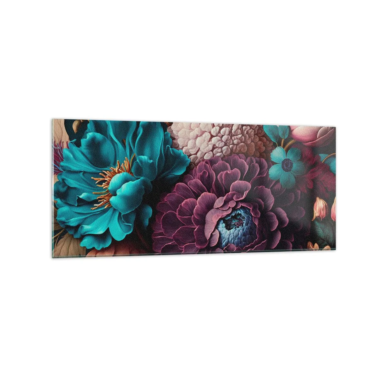 Quadro su vetro - Un mazzo di fiori dai colori intensi su uno sfondo scuro - 120x50cm - Ricchezza della natura - Decorazione murale moderna per soggiorno e camera da letto ARTTOR
