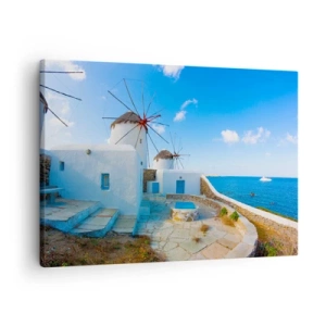 Quadro su tela - Stampe su Tela - Mulini a vento bianchi sulle rive del mare blu - 70x50cm - Vento azzurro sul mare - Decorazione murale moderna per soggiorno e camera da letto ARTTOR