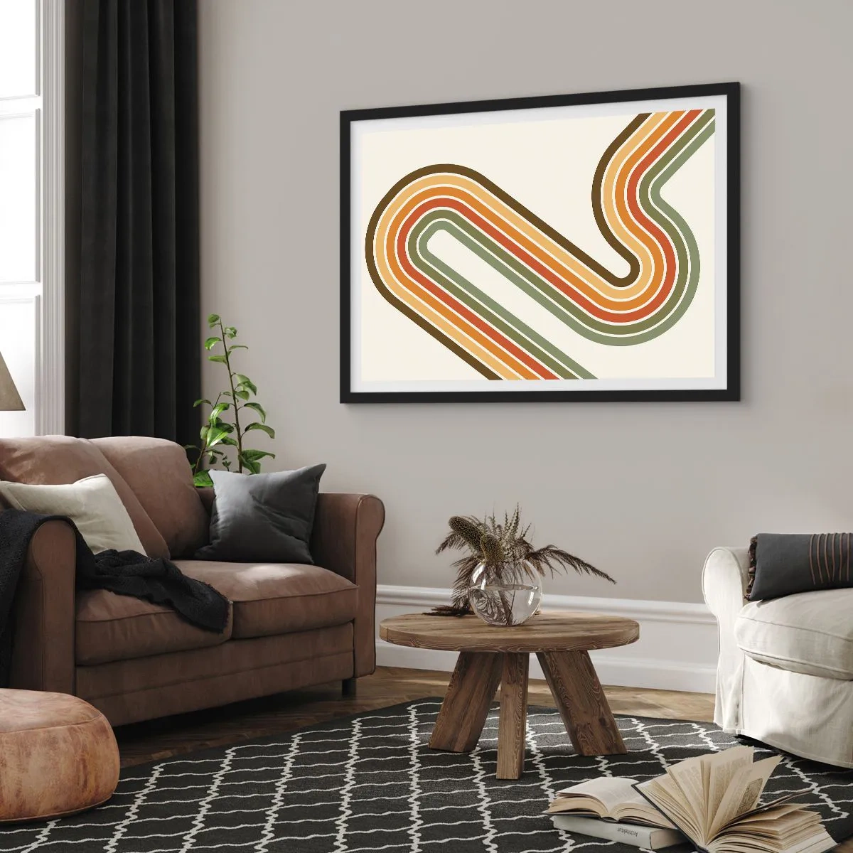 Poster in cornice nera - Motivo geometrico nei toni del verde, arancione e beige su sfondo chiaro - 70x50cm - Zig zag fino alla meta - Decorazione murale moderna per soggiorno e camera da letto ARTTOR
