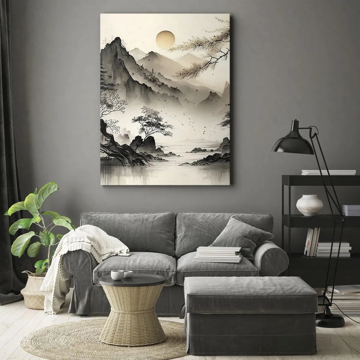 Quadro su tela - Stampe su Tela - Un paesaggio orientale con montagne e una pagoda dalle tonalità delicate. - 70x100cm - Il fascino irripetibile dell'oriente - Decorazione murale moderna per soggiorno e camera da letto ARTTOR