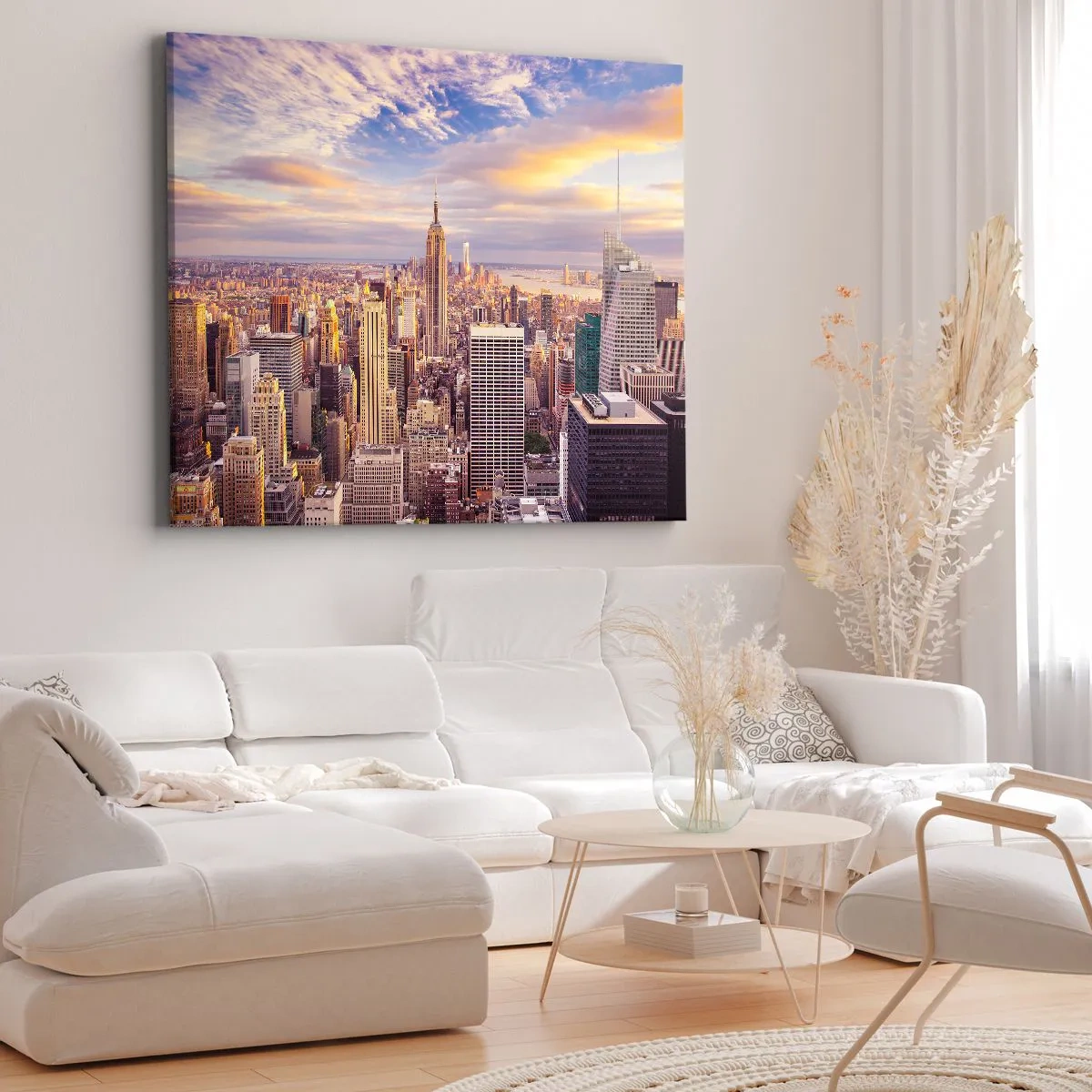Quadro su tela - Stampe su Tela - Panorama di una città moderna con grattacieli al tramonto - 70x50cm - Toccando le nuvole - Decorazione murale moderna per soggiorno e camera da letto ARTTOR