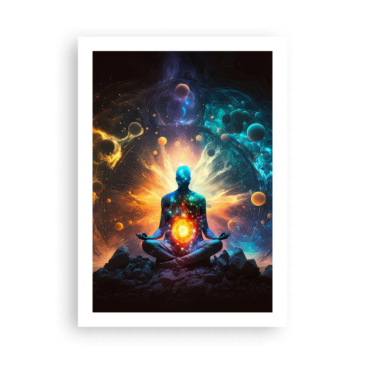Poster - Una figura in meditazione in un'aura cosmica piena di energia - 50x70cm - Pace cosmica - Decorazione murale moderna per soggiorno e camera da letto ARTTOR
