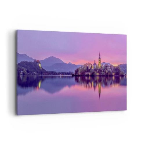 Quadro su tela - Stampe su Tela - Lago con un'isola e una chiesa al tramonto - 120x80cm - Isola favolosa al crepuscolo - Decorazione murale moderna per soggiorno e camera da letto ARTTOR