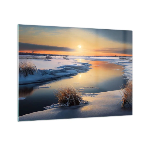 Quadro su vetro - Paesaggio invernale con tramonto su un fiume ghiacciato - 70x50cm - Tramonto invernale - Decorazione murale moderna per soggiorno e camera da letto ARTTOR
