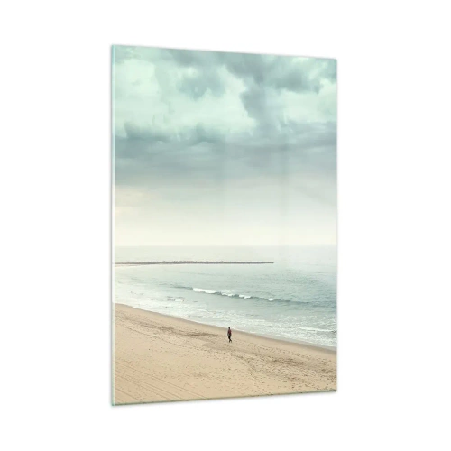 Quadro su vetro - Una figura che passeggia su una spiaggia deserta in riva al mare calmo - 50x70cm - Cercando la pace - Decorazione murale moderna per soggiorno e camera da letto ARTTOR