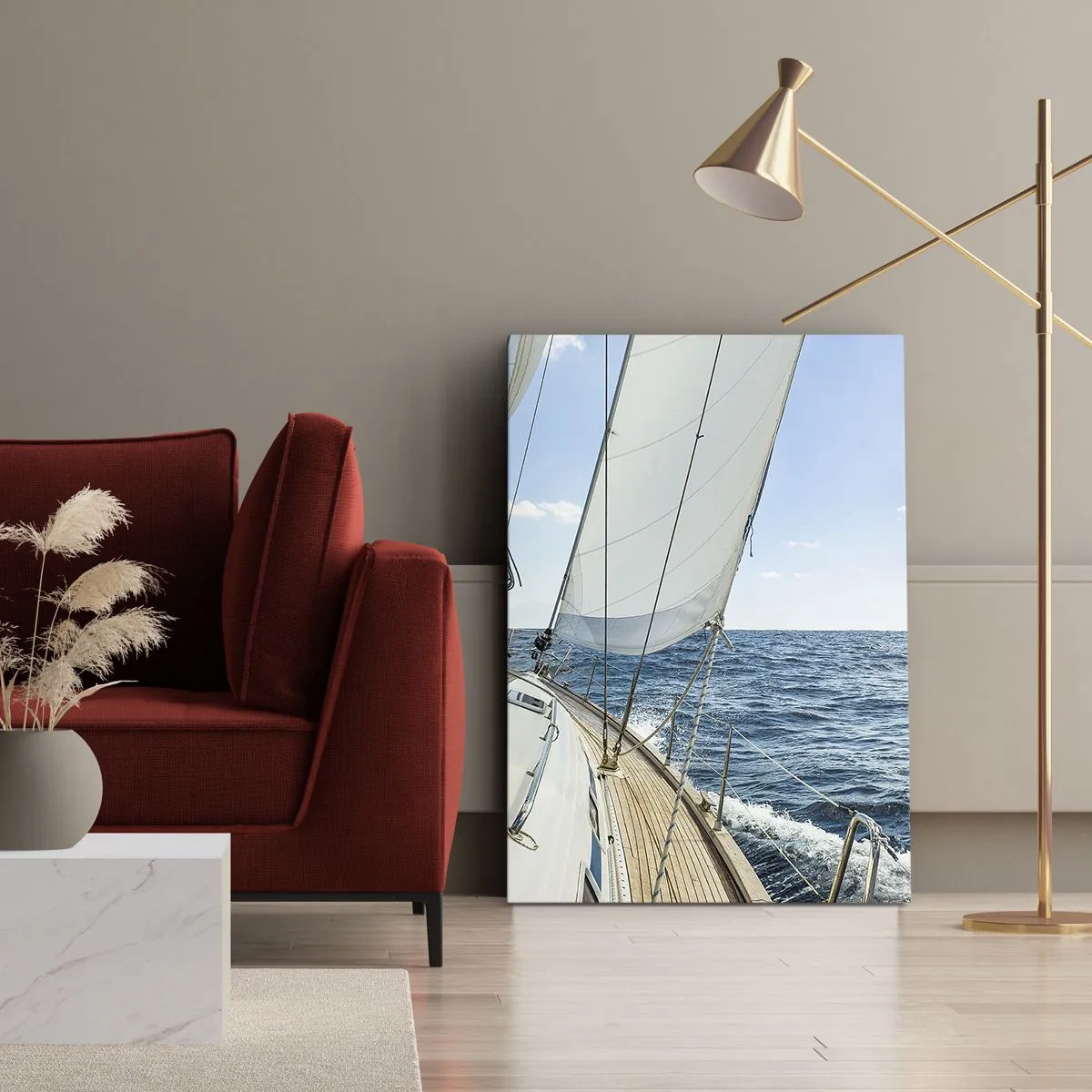 Quadro su tela - Stampe su Tela - Una barca a vela su un mare calmo sotto un cielo azzurro - 50x70cm - Benvenuta avventura - Decorazione murale moderna per soggiorno e camera da letto ARTTOR