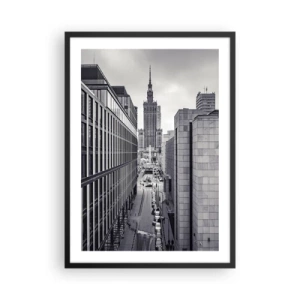 Poster in cornice nera - Vista del Palazzo della Cultura e della Scienza di Varsavia in tonalità di grigio - 50x70cm - La valle di Varsavia - Decorazione murale moderna per soggiorno e camera da letto ARTTOR
