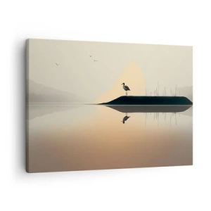 Quadro su tela - Stampe su Tela - Un uccello su un'isola in un lago calmo con tonalità calde - 70x50cm - Il signore del lago - Decorazione murale moderna per soggiorno e camera da letto ARTTOR