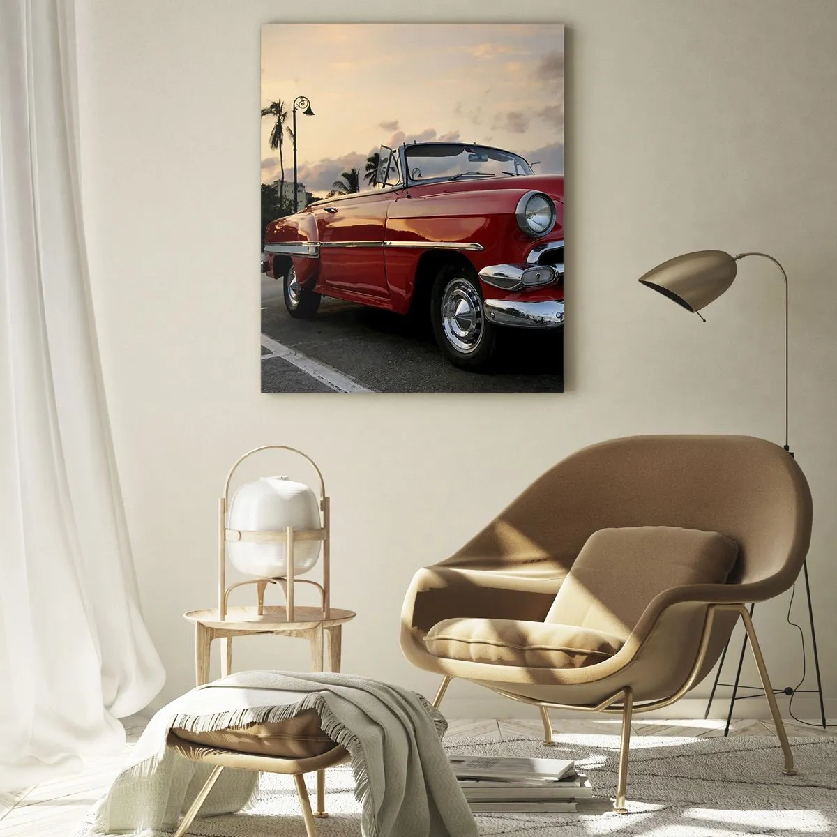 Quadro su vetro - Una decappottabile classica rossa sullo sfondo del tramonto - 50x70cm - Il calore rosso dei tropici - Decorazione murale moderna per soggiorno e camera da letto ARTTOR