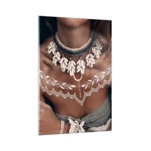 Quadro su vetro - Stile boho con gioielli di conchiglie e motivo in pizzo - 80x120cm - Talismani, rituali di femminilità - Decorazione murale moderna per soggiorno e camera da letto ARTTOR