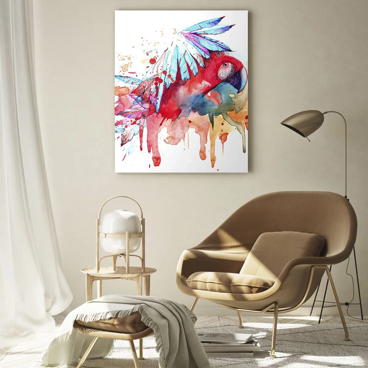 Quadro su vetro - Un pappagallo in stile acquerello artistico - 80x120cm - Pappagalli colorati - Decorazione murale moderna per soggiorno e camera da letto ARTTOR