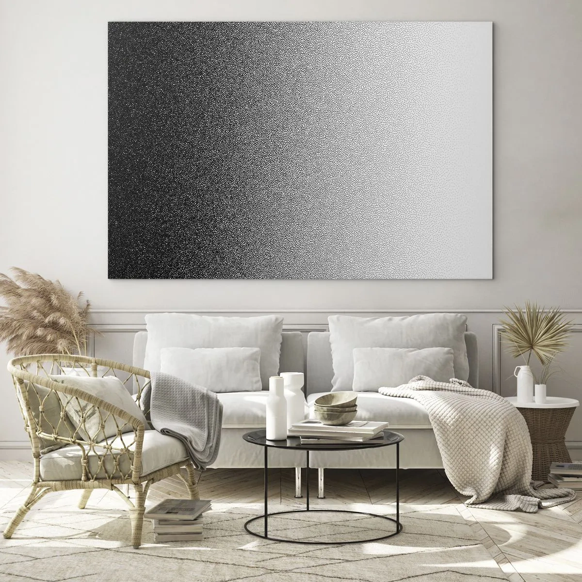 Quadro su vetro - Gradiente bianco e nero con effetti granulosi e luminosi - 70x50cm - Verso la luce - Decorazione murale moderna per soggiorno e camera da letto ARTTOR