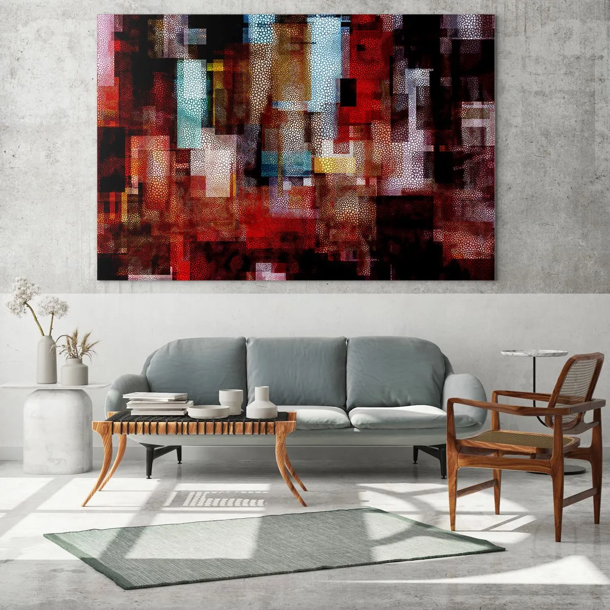 Quadro su vetro - Composizione geometrica astratta nei toni del rosso - 70x50cm - Confusione aggrovigliata - Decorazione murale moderna per soggiorno e camera da letto ARTTOR