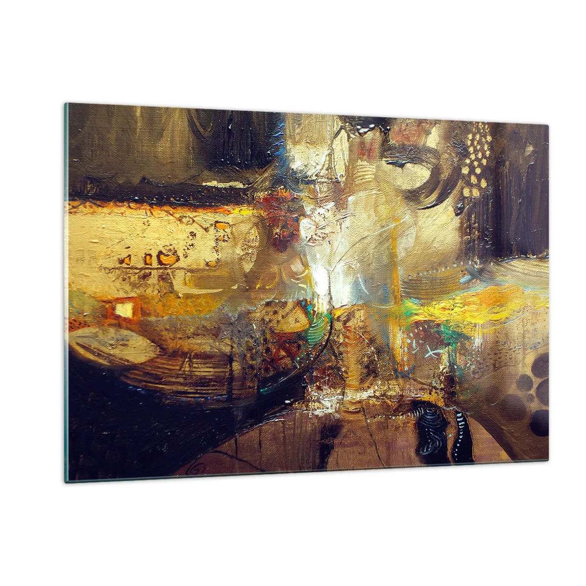 Quadro su vetro - Composizione astratta nei toni dell'oro e del marrone - 120x80cm - Freddo, più caldo, bollente - Decorazione murale moderna per soggiorno e camera da letto ARTTOR